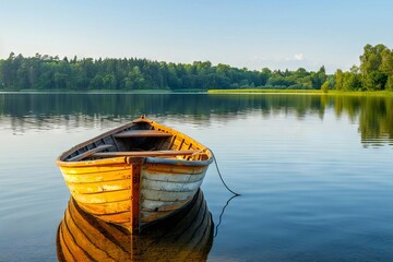 lonely wooden rowboat on calm lake at golden hour serene summer evening landscape