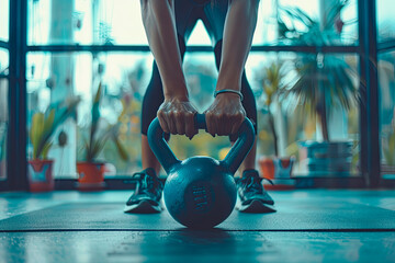 woman lifting kettlebell in fitness sport club gym training center. Close up - obrazy, fototapety, plakaty