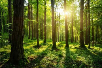 lush green forest landscape with tall trees and sunlight filtering through nature exploration background - obrazy, fototapety, plakaty