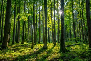 lush green forest landscape with tall trees and sunlight filtering through nature exploration background