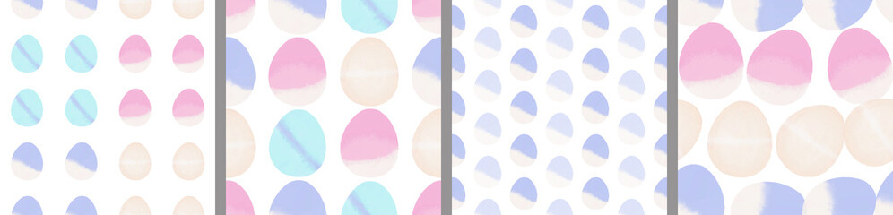Watercolor set of seamless patterns. Collection of hand drawn pastel Easter eggs