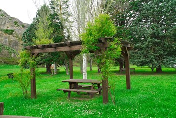wooden gazebo among trees on green meadow