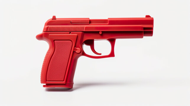 Toy gun made of plastic, isolated against a background of pure white
