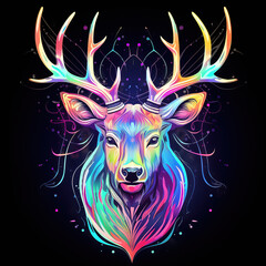 A brightly colored deer head on black background. Mammals. Wild Animals. Illustration, Generative AI.