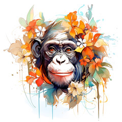 Image of a chimpanzee head with colorful tropical flowers on white background. Mammals. Wildlife Animals.