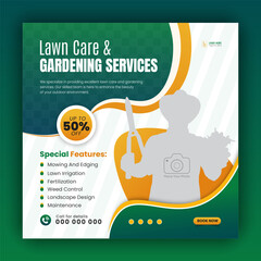 Modern lawn mower garden or landscaping service social media cover design, farming and agriculture promotion with abstract green and yellow web banner, post template flyer leaflet poster