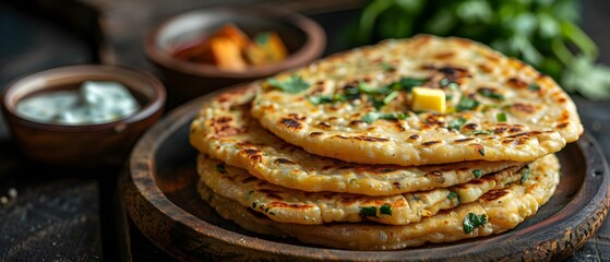 Obraz premium Indian flatbread stuffed with potatoes, aloo paratha, served with butter or curd. Concept Recipe, Indian cuisine, Vegetarian, Stuffed bread, Homemade