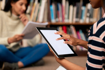Tablet screen, mockup or women at campus library for reading research, project or homework....