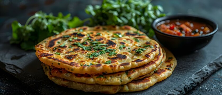 Traditional Setting for Aloo Paratha. Concept Homemade Indian Food, Comforting Meal, Stuffed Bread, Hearty Breakfast, Vegetarian Cuisine