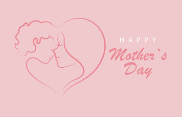 Mother`s day greeting card with hand drawn mother and child silhouette on pink background, vector illustration for cards,banner,poster,invitation