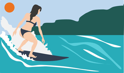 サーフィンをする女性のイラスト - obrazy, fototapety, plakaty