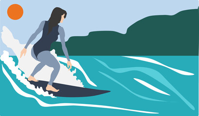 サーフィンをする女性のイラスト - obrazy, fototapety, plakaty