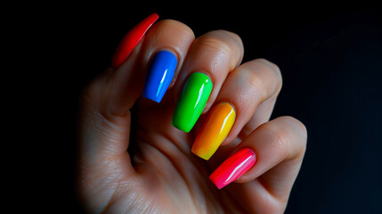 A hand with nails with a rainbow of colors. Concept of creativity and self-expression through the use of vibrant colors. female hand with nails of all colors of the rainbow in a black background