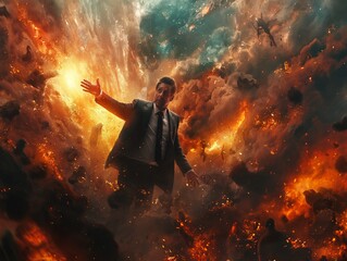 Fototapeta na wymiar A man in a suit is standing in a fiery explosion. The man is reaching out to the camera, as if he is trying to grab something. The scene is chaotic and intense