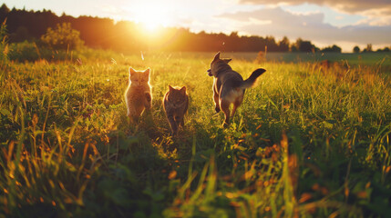 Three dogs are running through a field of tall grass