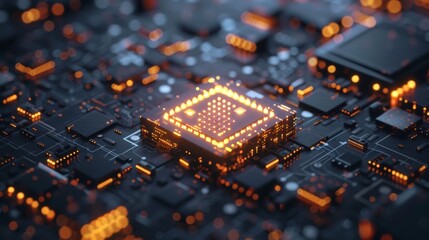 A digital block with a circuit board texture glowing from within, ideal for a hardware component concept.  