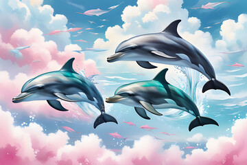 fabulous dolphins play in the waves against the sky in pastel colors in a watercolor style. World Dolphin Day