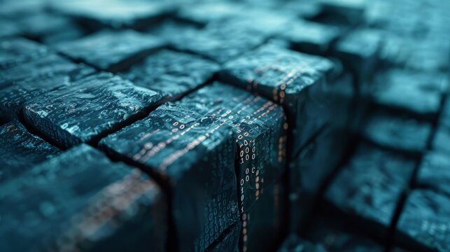 A digital block with a cracked surface, revealing a binary code core, suitable for a data security software ad.  
