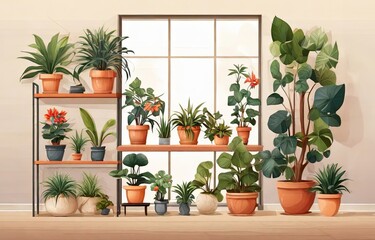 Potted plants and flowers are placed on shelves. - 794075513