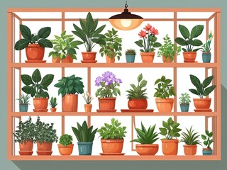 Potted plants and flowers are placed on shelves. - 794075554