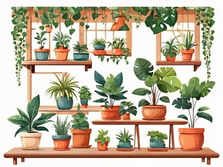 Potted plants and flowers are placed on shelves. - 794075593