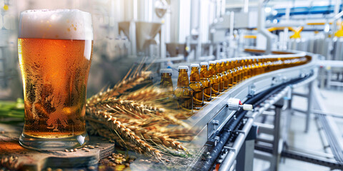 a bottle glass of beer double exposure with barley malt ingredients on line production counter