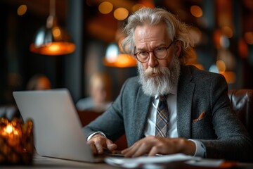Senior man in a tailored suit works intently on his laptop at the coffee shop - obrazy, fototapety, plakaty