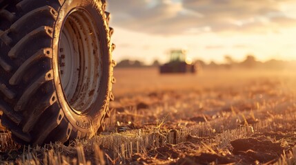 Close up wheel tire Tractor cultivating field, plowing agricultural fields.