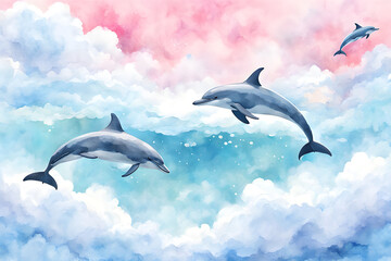 fabulous dolphins play in the waves against the sky in pastel colors in a watercolor style. World Dolphin Day