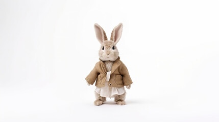 A single, white background with an isolated rabbit doll