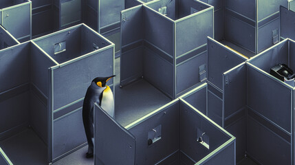 A penguin navigating through a challenging maze, trying to find a way out of the confusing pathways - obrazy, fototapety, plakaty