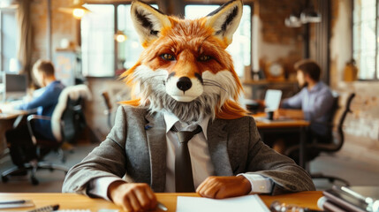 Naklejka premium A person wearing a fox mask and business suit is seated at a desk with paperwork, in a modern office setting