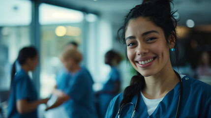 A friendly, young healthcare worker,  female nurse  smiles in a busy hospital environment, radiating positivity and care.
 - obrazy, fototapety, plakaty