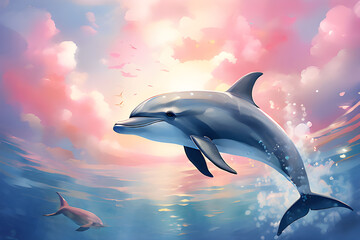 fabulous dolphin plays in the waves against the sky in pastel colors in a watercolor style. World Dolphin Day