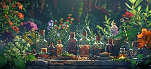 A row of glass bottles containing different herbal natural supplements against a beautiful green background with flowers and plants and copy space for a herbalism naturopathy theme message  
 - obrazy, fototapety, plakaty