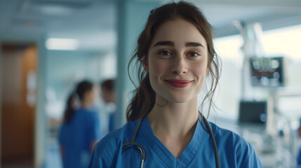 A friendly, young healthcare worker,  female nurse  smiles in a busy hospital environment, radiating positivity and care.
