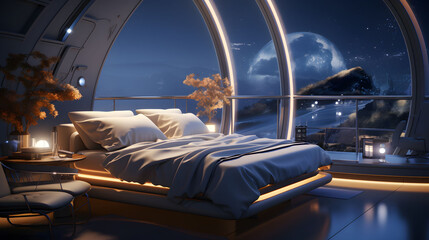 3d illustration visualized interior of futuristic bedroom for soothing deep sleep. - 794078303