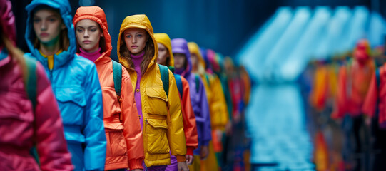 Models in rain jackets with bright colors at fashion event