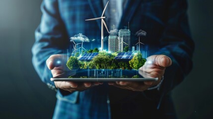 Businessman Hand holding tablet with wind turbine, solar panel, tree and building related to ecology green energy coming out of device screen