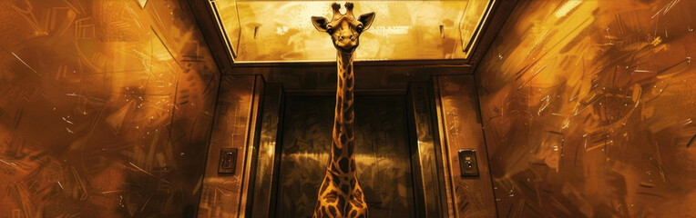 A giraffe extending its long neck out of an elevator door in an urban setting, showcasing the animals height and curiosity