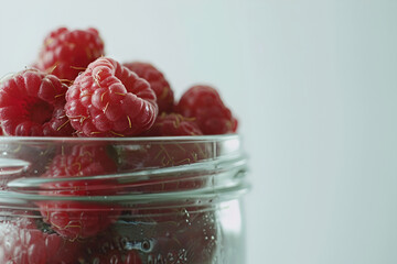 Raspberries close up in a simple glass jar. White background