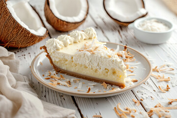 Delicious Plate of Coconut Cream Pie on a Wooden Table