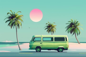 Green minibus on the road. Blue sky without clouds. Palm trees andsummer mood. Pink sun on the sky