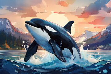 killer whale plays in the waves at sunset, in a watercolor style. World Whale Day