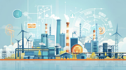 Futuristic cityscape blending industry and renewable energy with hi-tech innovation