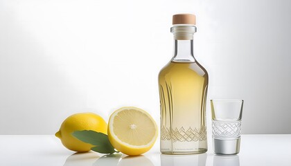 Bottle of Tequila with lemons in a minimalist background