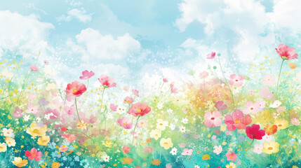 A painting depicting a vibrant field of flowers with fluffy clouds in the background under a blue sky