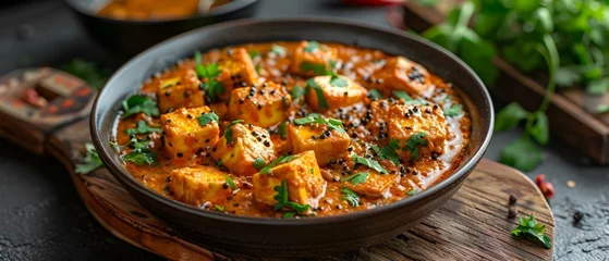 Fotobehang Selective focus on Paneer Makhani Butter Masala Curry in background. Concept Food Photography, Indian Cuisine, Selective Focus, Paneer Makhani, Butter Masala © Anastasiia