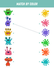 Match colorful monsters by colors. Educational logical game for kids. Worksheet. Space creature. Vector