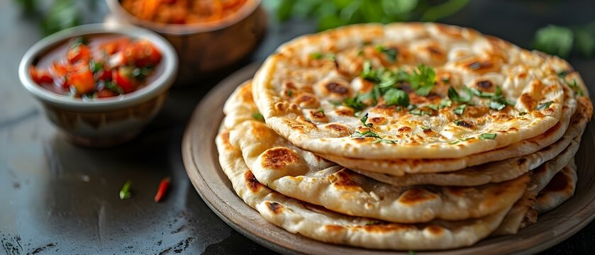 Indian aloo paratha on a plain white background. Concept Food Photography, Indian Cuisine, Aloo Paratha, White Background, Traditional Dish